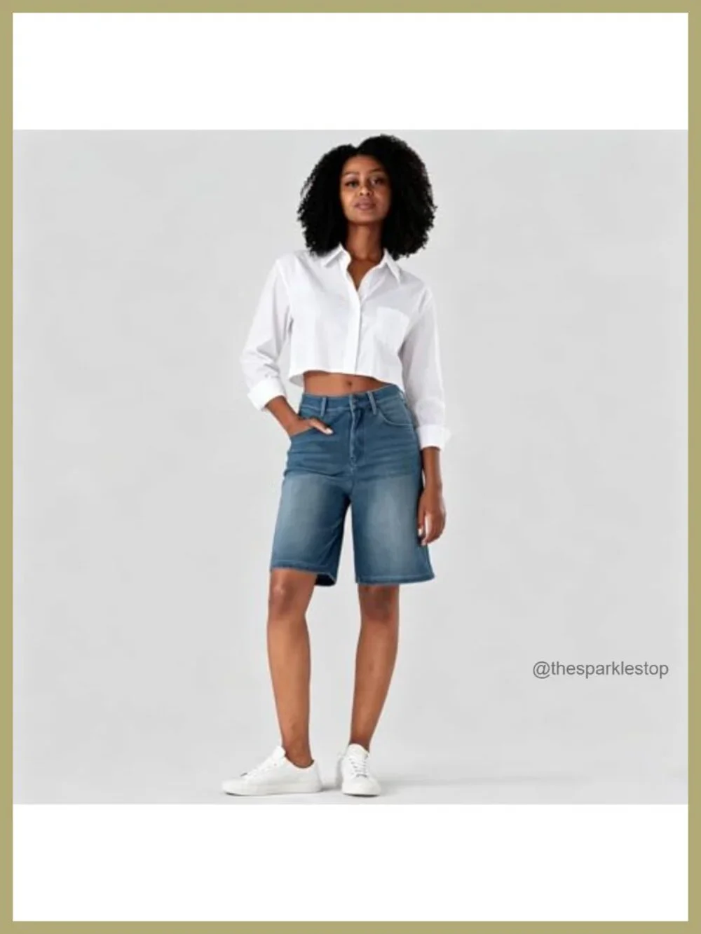 High Waisted Stretch Denim Bermuda Shorts, Wide Leg Loose Fit Knee Length with